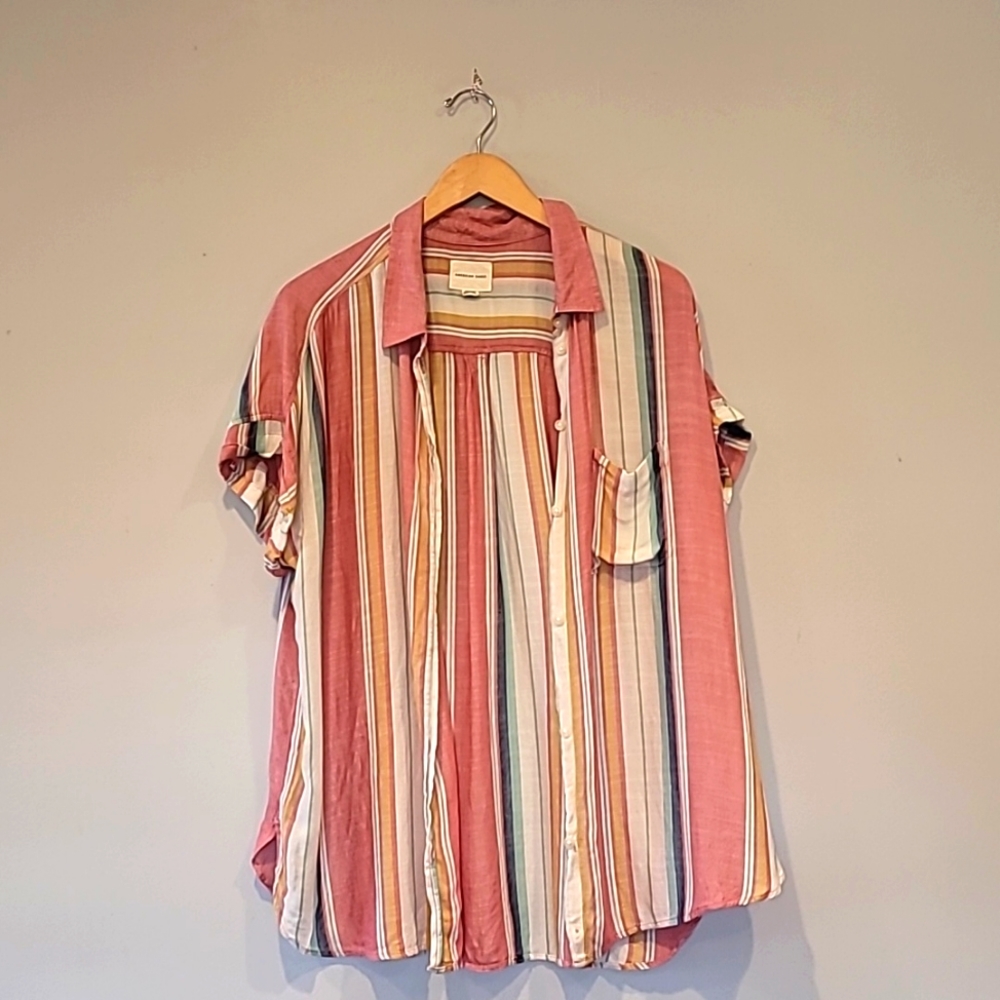 American Eagle Outfitters Pink Multicolor Striped Button Down Shirt